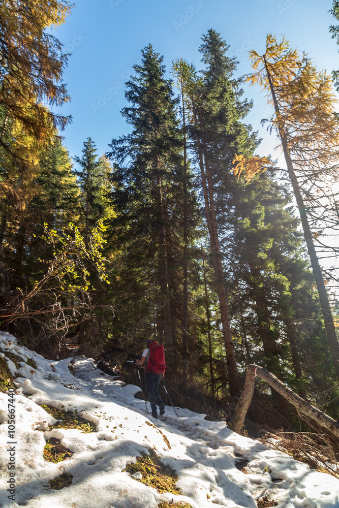 Trekking day in a snowy autumn in the Dolomiti Friulane, Friuli-Venezia Giulia