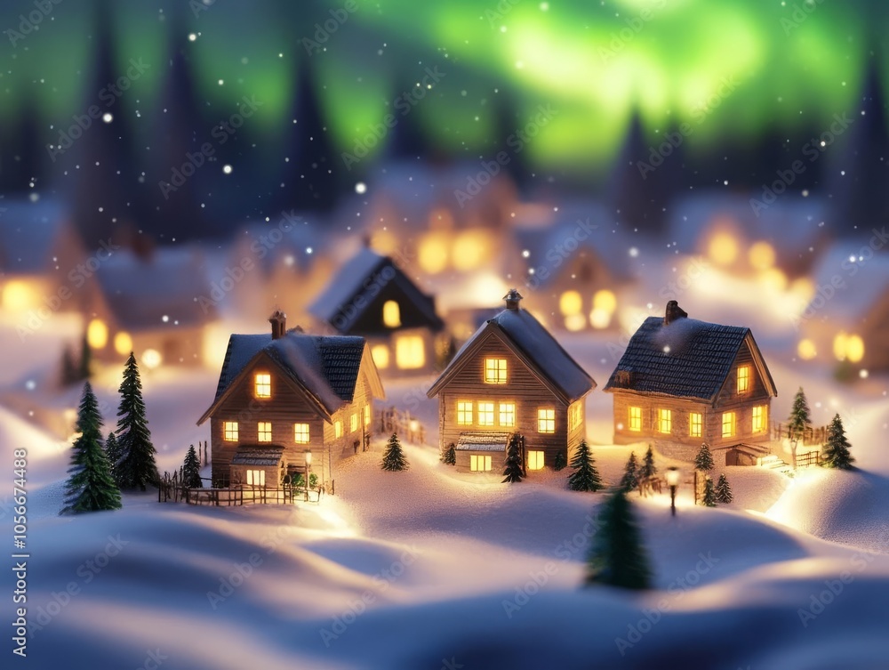 Village under the Northern Lights in a snow globe, houses lit with warm light, soft aurora colors, magical realism Village under the Northern Lights in a snow globe, houses lit with warm light, soft aurora colors, magical realism