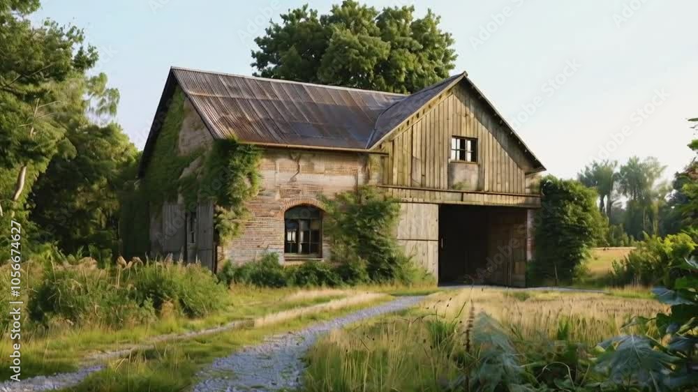 A rustic barn surrounded by greenery and a gravel path under a clear sky. A rustic barn surrounded by greenery and a gravel path under a clear sky.