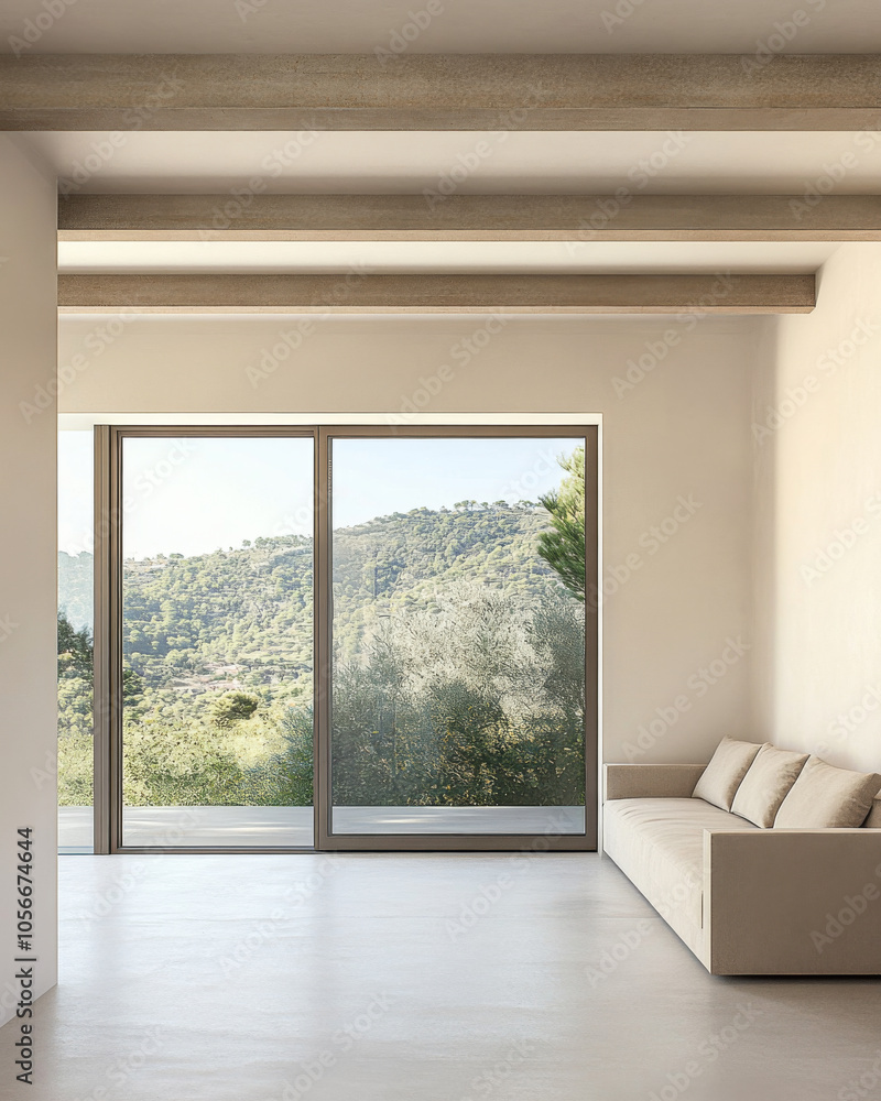 Modern minimalist living room with large windows showcasing a serene mountain view Modern minimalist living room with large windows showcasing a serene mountain view