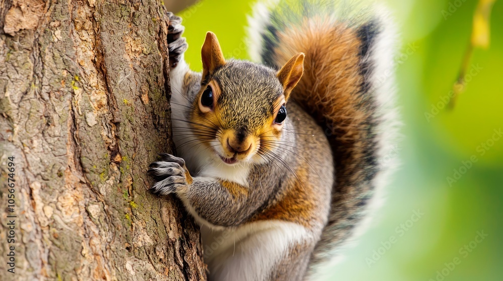 Playful Squirrel Peeking Behind Tree Trunk in Nature - Detailed Portrait of Cute Wildlife with Bright Eyes and Fluffy Tail Playful Squirrel Peeking Behind Tree Trunk in Nature - Detailed Portrait of Cute Wildlife with Bright Eyes and Fluffy Tail