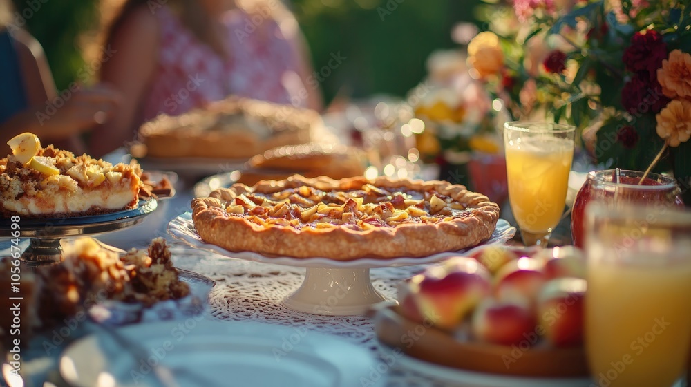 A table filled with traditional cookout dishes such as apple pie and lemonade set against a backdrop of softly blurred guests savoring the meal
