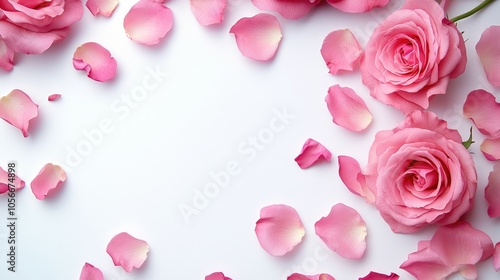 Floral frame arrangement featuring close up pink rose blooms and petals on a white background Decorative web banner with ample empty space flat lay perspective