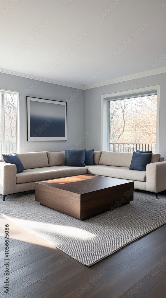 Fototapeta premium Modern living room with large sectional couch and coffee table in bright natural light