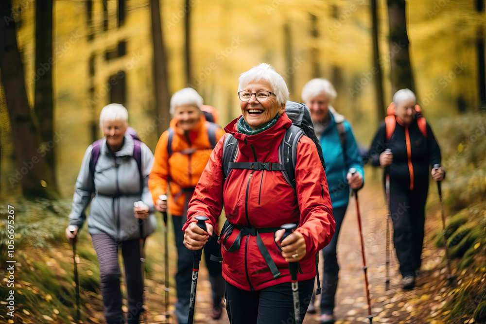 Seniors Enjoying Nordic Walking in Scenic Forest Seniors Enjoying Nordic Walking in Scenic Forest