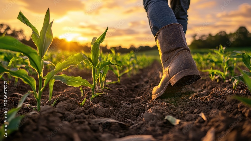 Farmer boots stepping away from the camera in a field of young corn during sunset Farmer boots stepping away from the camera in a field of young corn during sunset