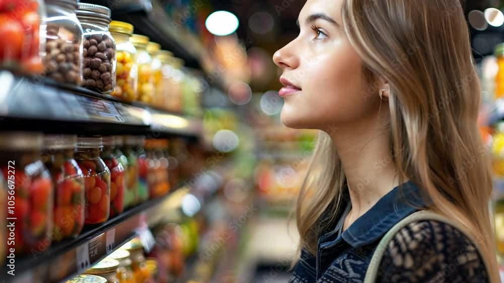 This young woman examines jars of food while shopping in a brightly lit grocery store. This young woman examines jars of food while shopping in a brightly lit grocery store.