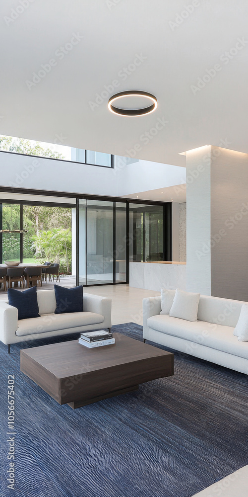 Fototapeta premium A contemporary living room showcases a clean design with two white sofas and a wooden coffee table