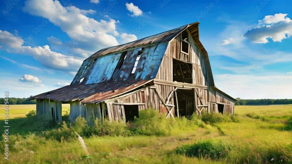A rustic barn with a weathered roof surrounded by lush green grass and a clear blue sky. A rustic barn with a weathered roof surrounded by lush green grass and a clear blue sky.