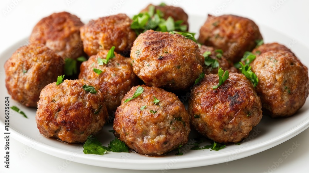 Plate of cooked meatballs arranged on a clean white backdrop Plate of cooked meatballs arranged on a clean white backdrop