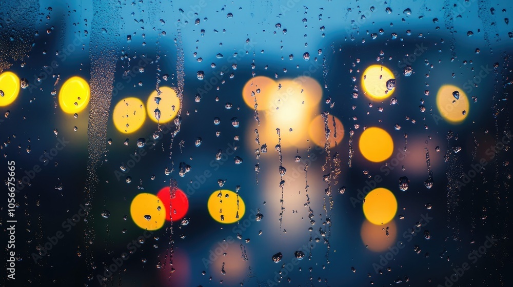 Raindrops on a window pane with blurred lights in the background Raindrops on a window pane with blurred lights in the background