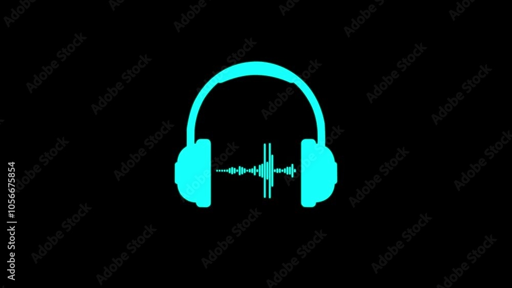 Neon headphones sign. Glowing cyan color neon line Headphones icon. headphones sign looped animation. earphone animation on black background. Neon headphones sign. Glowing cyan color neon line Headphones icon. headphones sign looped animation. earphone animation on black background.