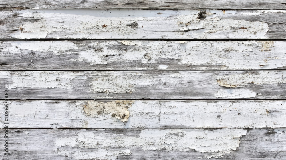 Naklejka premium Weathered wooden plank wall with peeling white paint creating a rustic backdrop