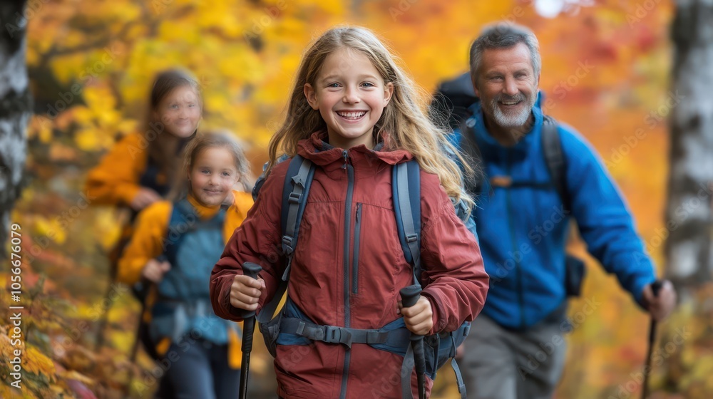 Families going on hikes or taking nature walks, surrounded by fall foliage Families going on hikes or taking nature walks, surrounded by fall foliage