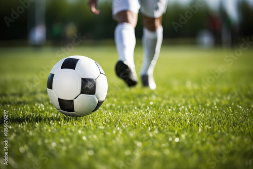 Sporty Legs of Athlete with Soccer Ball on Green Grass