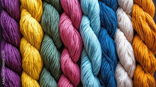 Vibrant assortment of wool yarns in various colors arranged as a backdrop