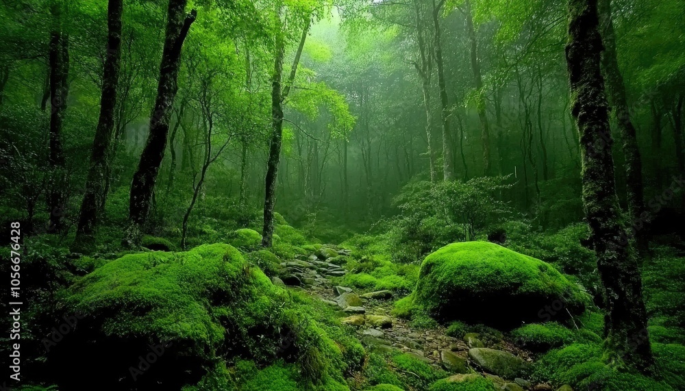 Green Forest Path with Mossy Rocks and Sunlight Filtering Through Trees Green Forest Path with Mossy Rocks and Sunlight Filtering Through Trees