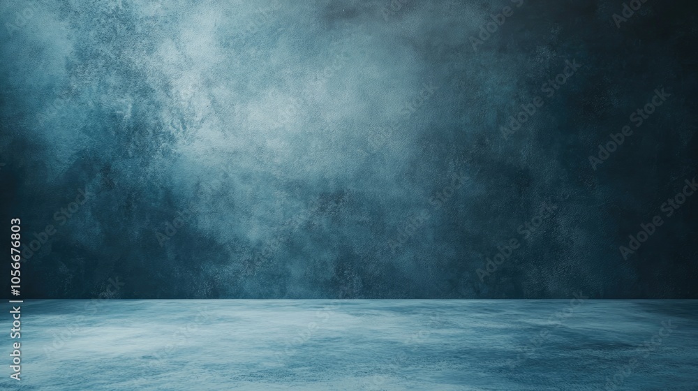 Dark and soft blue abstract gradient background with a cement wall and studio room effect