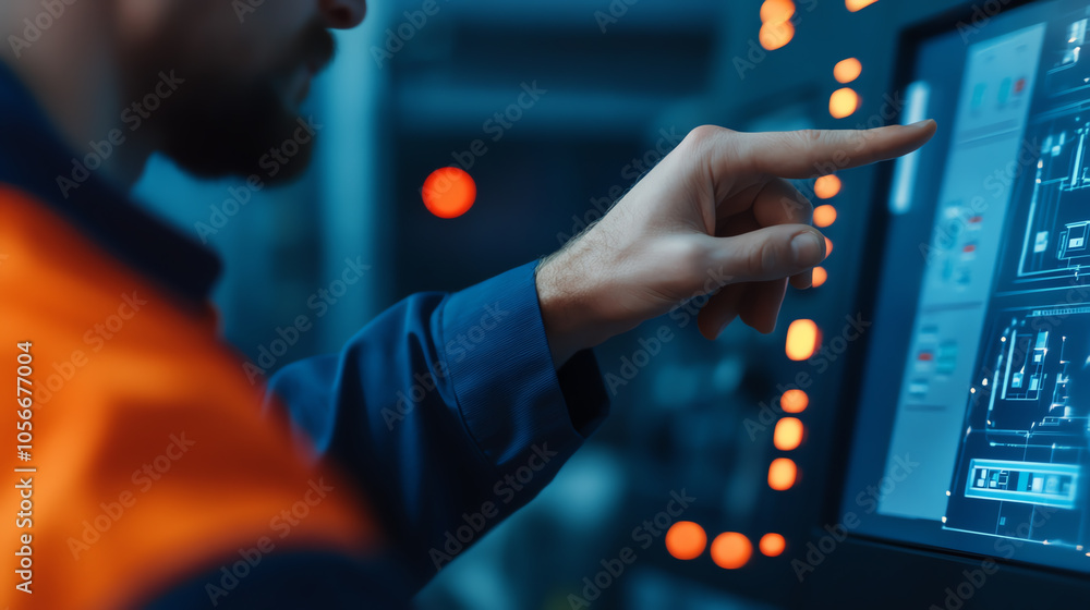 A worker interacting with a high-tech control panel in an industrial setting, focused on managing complex machinery and systems.