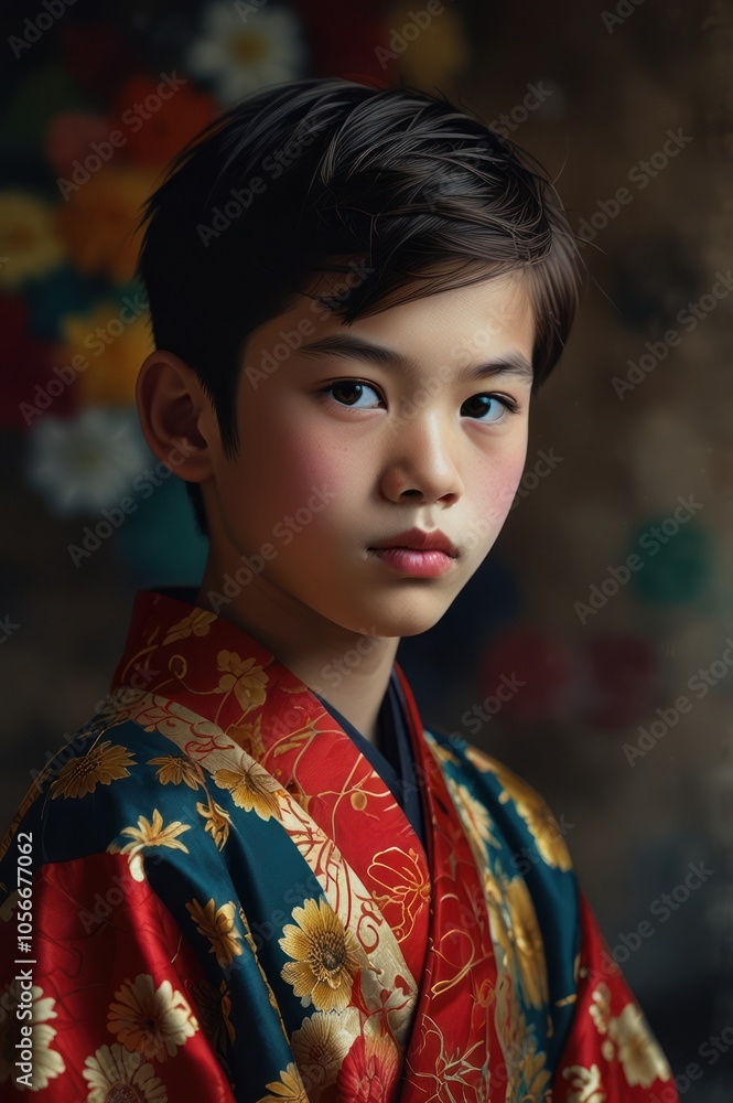 Portrait photography of a boy wearing a kimono, which is traditional Japanese clothing with beautiful motifs. Portrait photography of a boy wearing a kimono, which is traditional Japanese clothing with beautiful motifs.