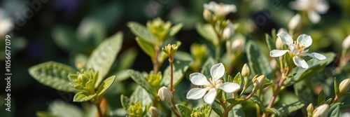 A close-up of a vibrant bunch of white flowers with lush green leaves, close-up, plant, flora