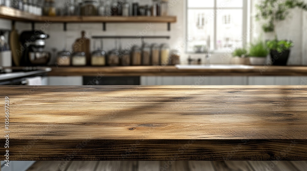Panoramic view of an empty rustic wood countertop with a blurred bokeh backdrop ideal for showcasing products in a bright morning scene Abstract soft focus wooden desk in a kitchen setting Panoramic view of an empty rustic wood countertop with a blurred bokeh backdrop ideal for showcasing products in a bright morning scene Abstract soft focus wooden desk in a kitchen setting