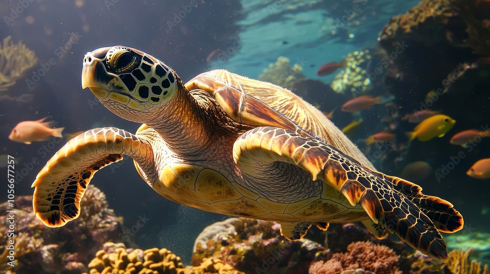 Fototapeta premium Majestic Sea Turtle Swimming Among Vibrant Coral and Fish in the Ocean Depths, Underwater Marine Beauty Captured in Detail