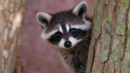 Enchanting Baby Raccoon Peeking Behind Tree - Whimsical Wildlife Portrait