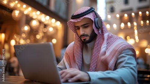 Man in Traditional Arabic Head Covering Using Laptop.