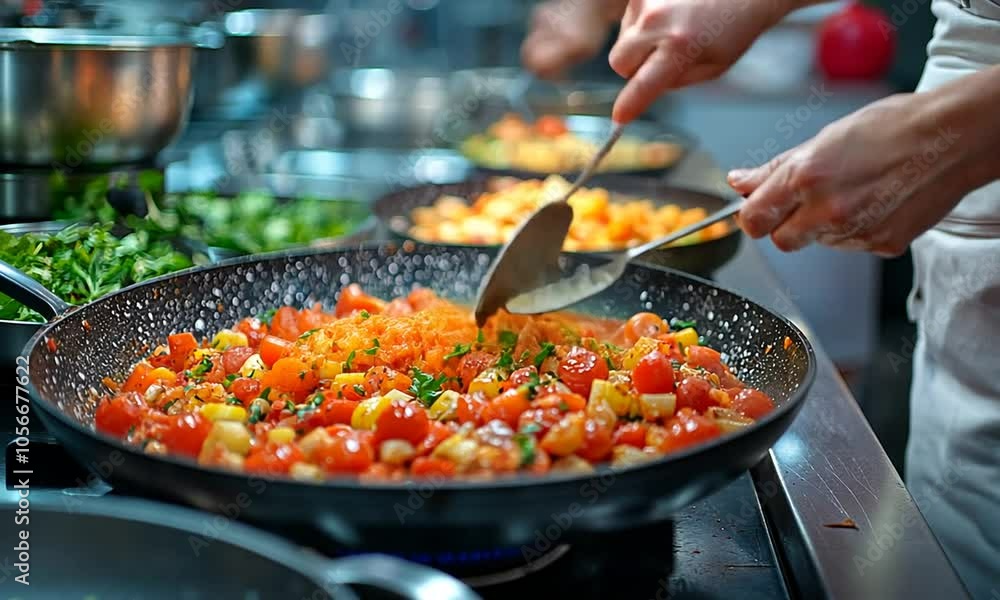 Colorful vegetables being prepared in a busy kitchen setting. Colorful vegetables being prepared in a busy kitchen setting.