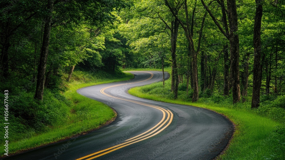 A picturesque winding road meandering through vibrant green forests ideal for showcasing the beauty and serenity of nature A picturesque winding road meandering through vibrant green forests ideal for showcasing the beauty and serenity of nature