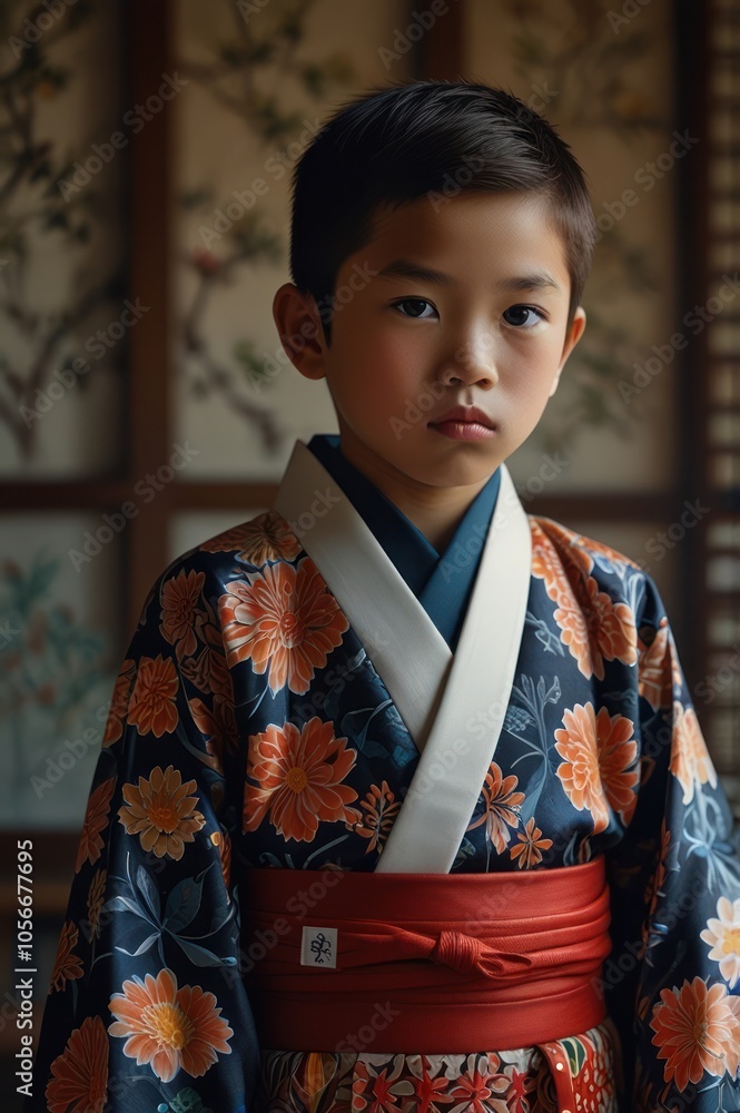 Portrait photography of a boy wearing a kimono, which is traditional Japanese clothing with beautiful motifs. Portrait photography of a boy wearing a kimono, which is traditional Japanese clothing with beautiful motifs.