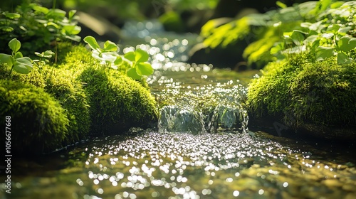 Sunlit stream with mossy stones