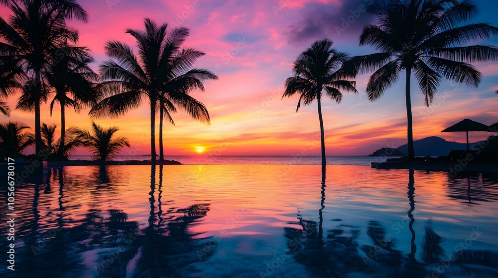 Tropical resort with sunset near beach. Tropical resort with sunset near beach.