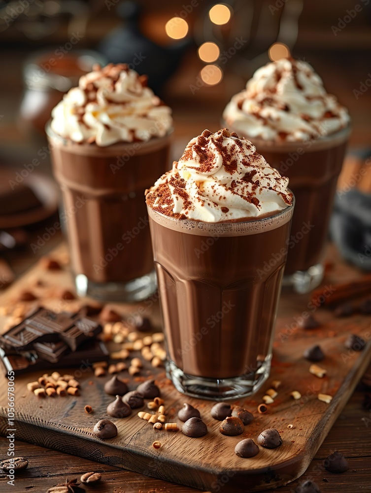 Three chocolate drinks with whipped cream on a wooden table Three chocolate drinks with whipped cream on a wooden table