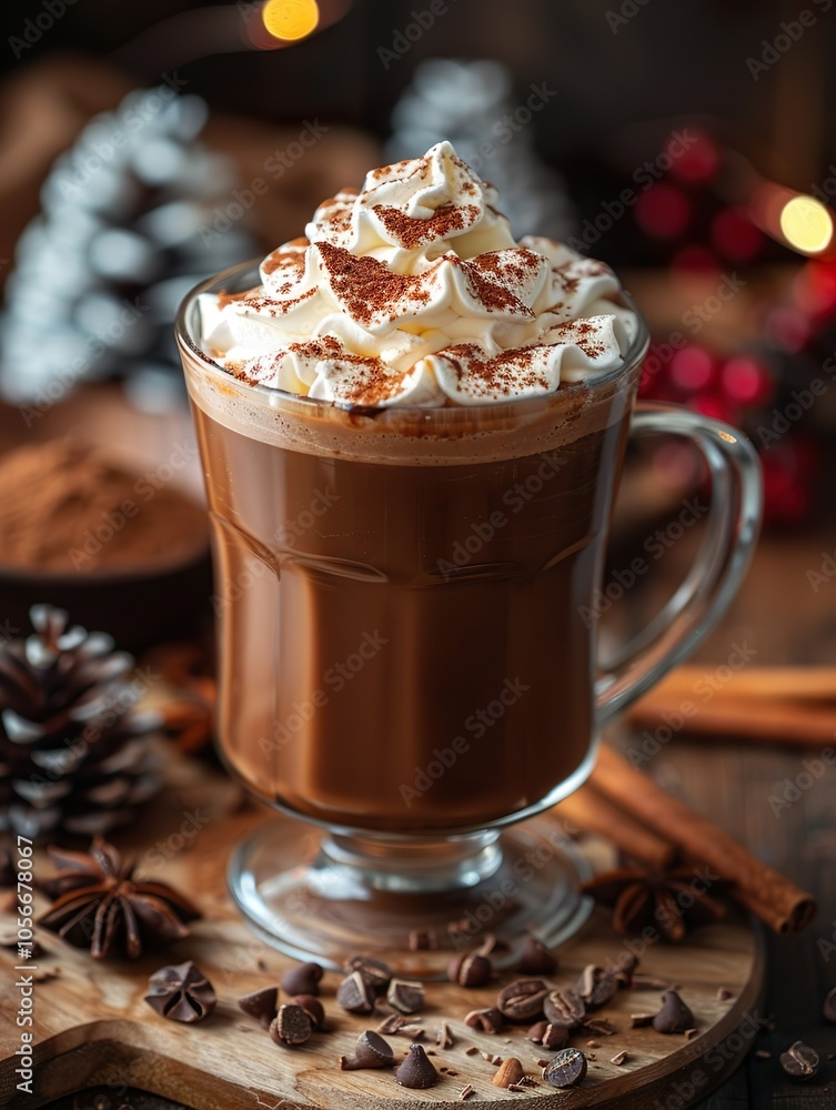 A mug of hot chocolate with whipped cream and cinnamon on top A mug of hot chocolate with whipped cream and cinnamon on top