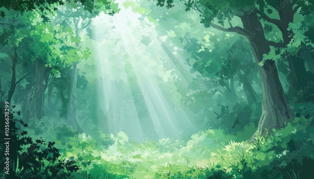 Obraz premium Sunlight Filtering Through Lush Forest Canopy, Tranquil Green Nature, Peaceful Serenity