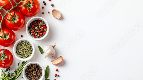 Flat lay of herbs and spices in small white bowls, surrounded by fresh ingredients like tomatoes, garlic, and rosemary on a clean white background Bright and minimalist composition