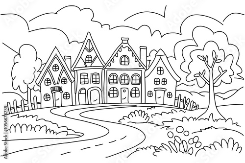 A black and white drawing of a house with a house in the background