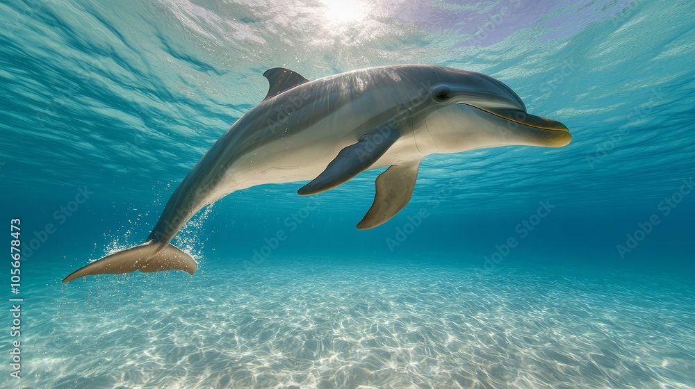 Naklejka premium Majestic Dolphin Leaping with Energy in Sunlit Ocean Waters - Portrait of Joyful Marine Life Exploration