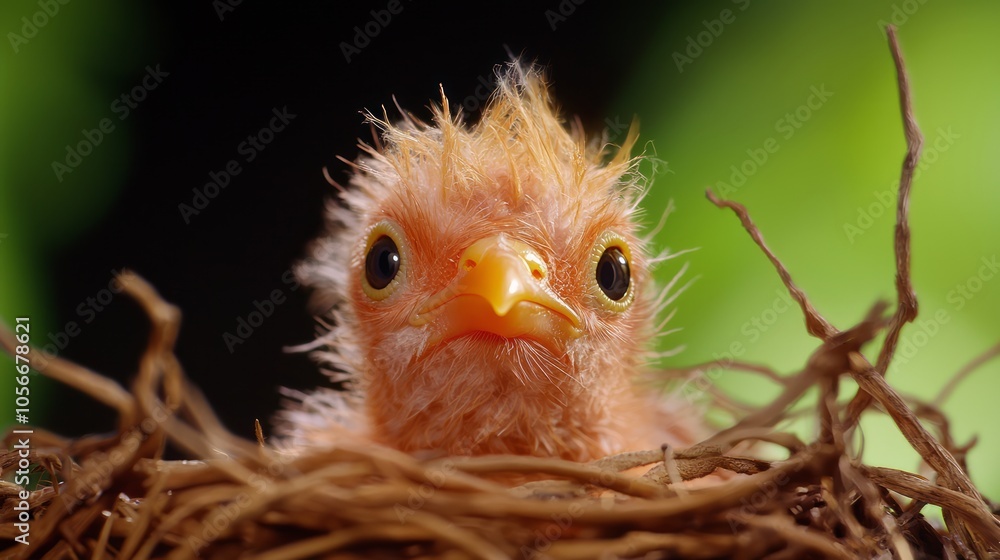 Obraz premium Innocence Unveiled: Whimsical Close-Up of Baby Bird Peeking from Nest with Ultra-Detailed Feathers and Bright Eyes