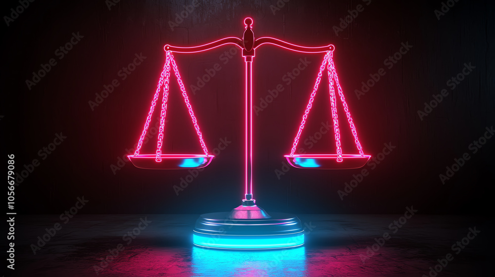 Neon scales of justice on a dark background, representing law and fairness. Neon scales of justice on a dark background, representing law and fairness.