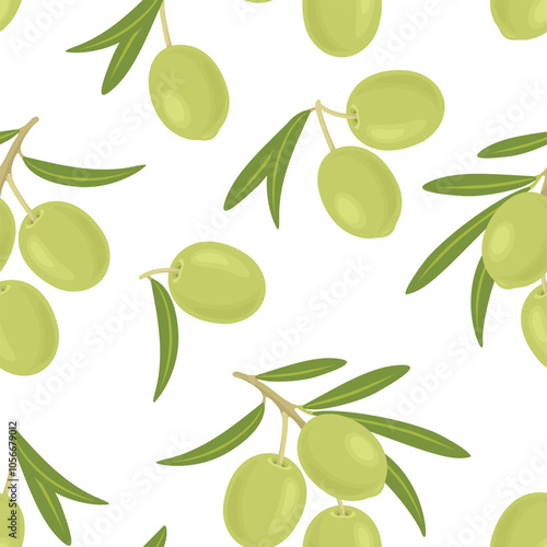 Seamless pattern with green olive branches on white. Vector cartoon flat illustration. Food background.