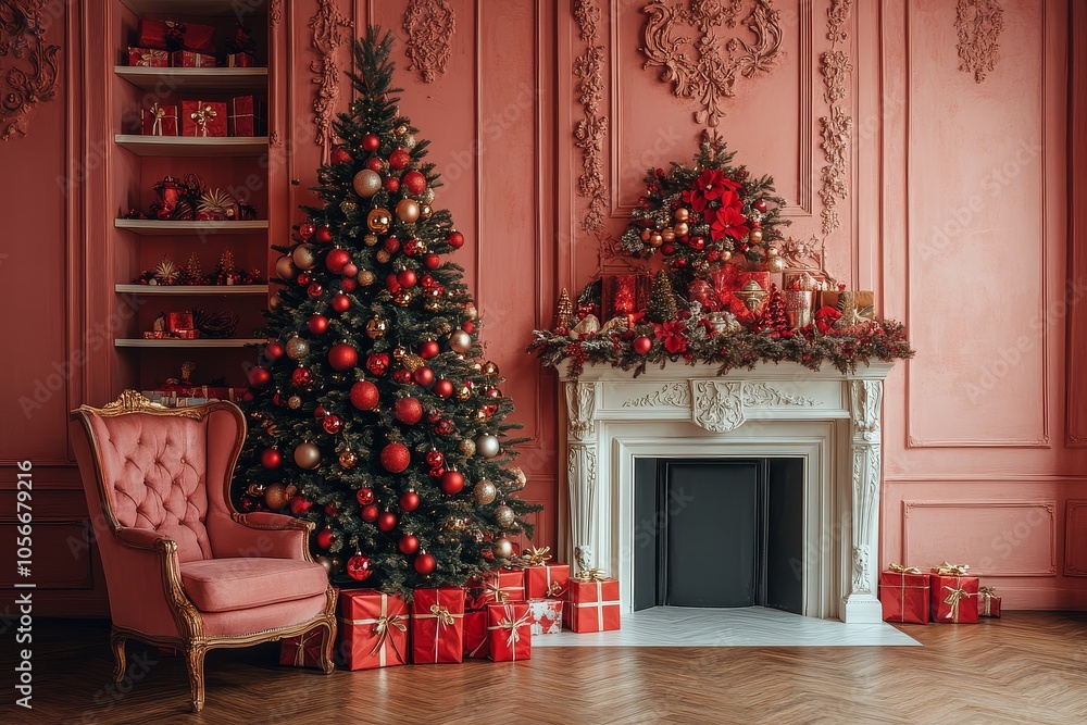 Charming Christmas tree adorned with red and gold ornaments, surrounded by presents in a stylish living room with pink walls and a cozy vintage armchair. Charming Christmas tree adorned with red and gold ornaments, surrounded by presents in a stylish living room with pink walls and a cozy vintage armchair.