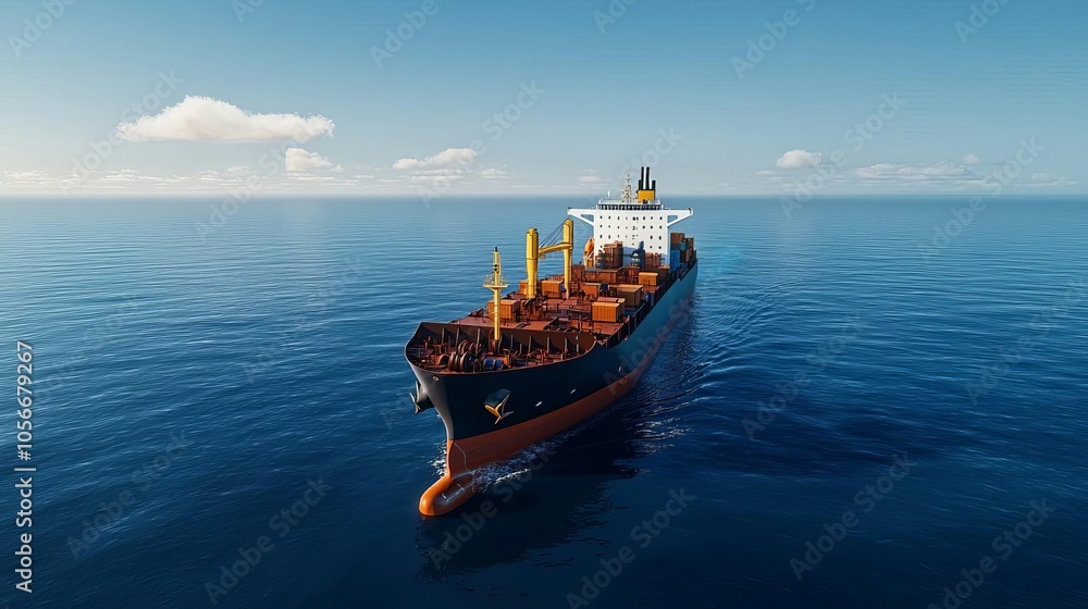 Obraz premium Cargo ship navigating through a calm sea, global shipping route, bright and sunny day, pristine blue water, structured composition, beautiful ocean backdrop