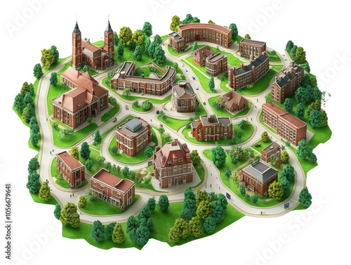 Aerial view of a stylized campus layout with buildings and pathways.