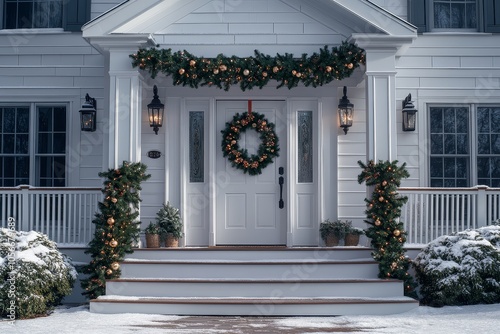 Festive white house entrance adorned with Christmas garland and wreath, showcasing a welcoming front door and stairs.