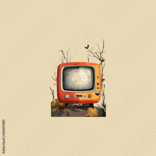 Retro TV Art with Nature Elements in Minimalistic Vintage Illustration Style