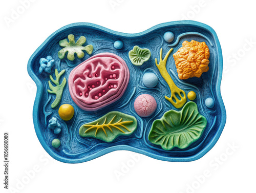 Colorful representation of a cell's internal structures on a blue background.