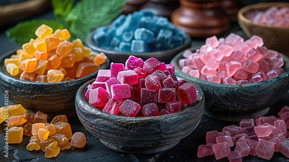 A bowl of colorful candy is displayed on a table A bowl of colorful candy is displayed on a table